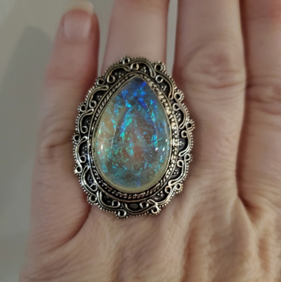New Oversized Dichroic Glass 925 Silver Statement Ring. - Picture 2 of 9